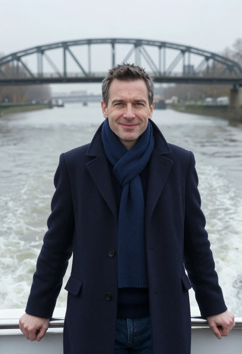 AI thames riverboat november navy sample — portrait of a man, framed half-length from the head to the h