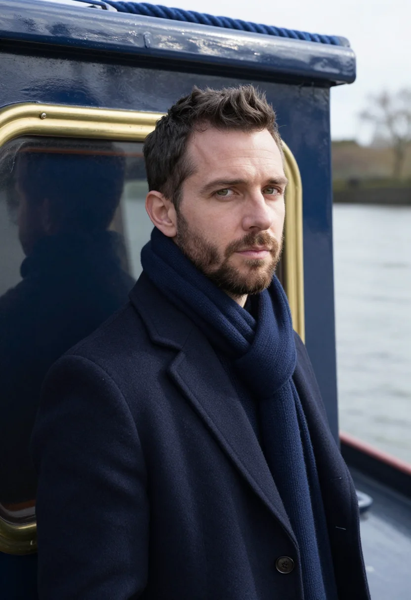 AI thames riverboat november navy sample — portrait of a man, framed tight, head and shoulders, the bod