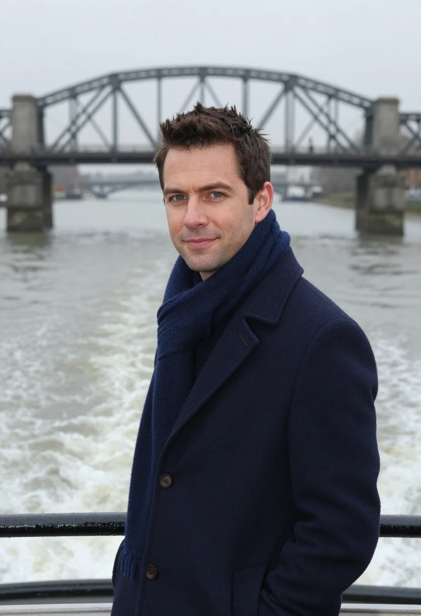 AI thames riverboat november navy sample — portrait of a man, framed tight, head and shoulders, the bod