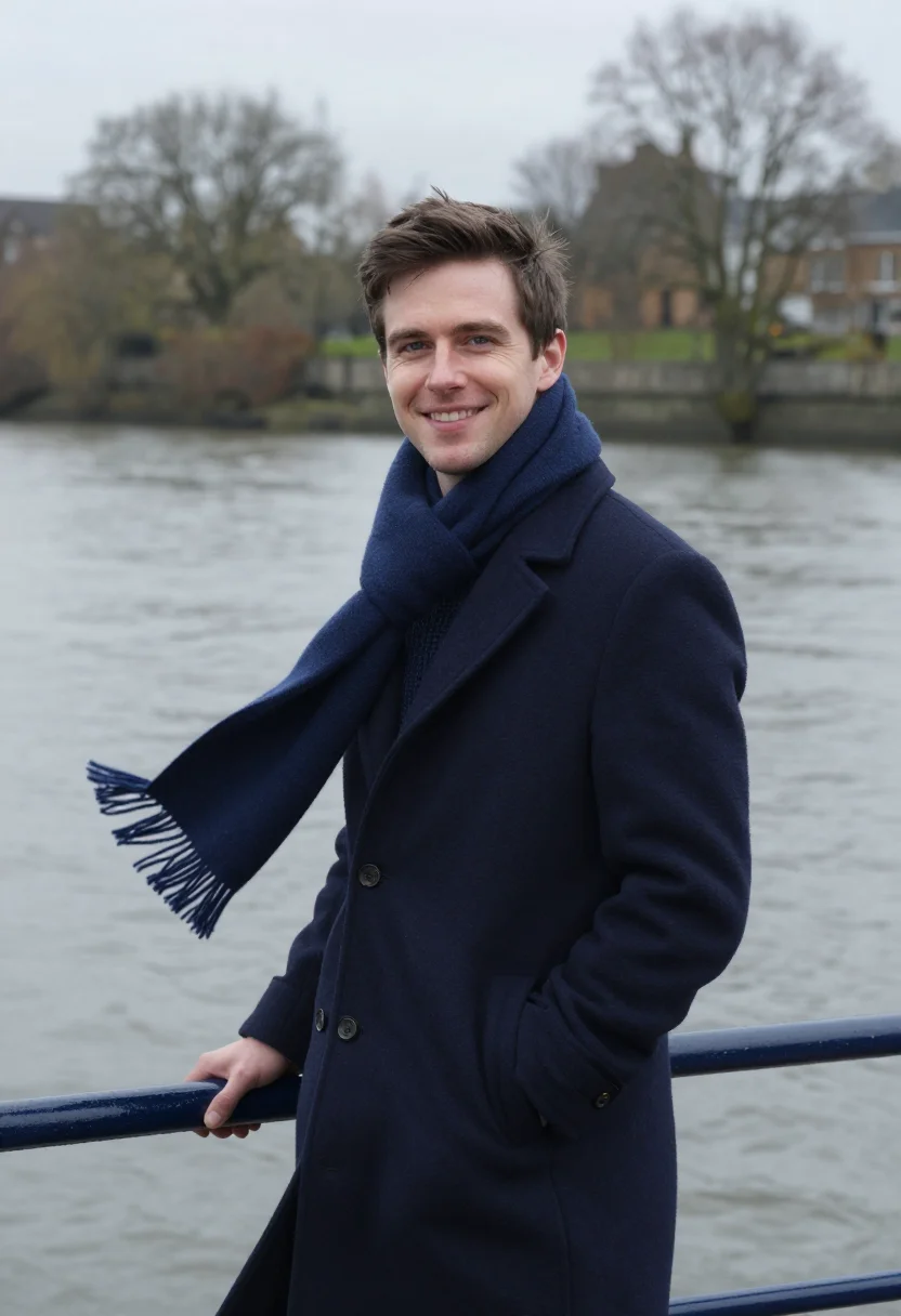 AI thames riverboat november navy sample — portrait of a man, framed half-length from the head to the h