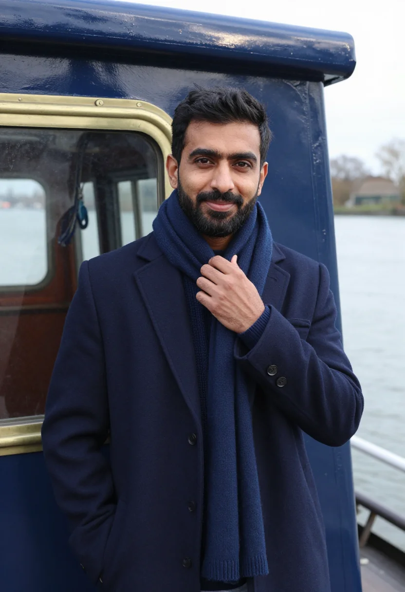 AI thames riverboat november navy sample — portrait of a man, framed half-length from the head to the h