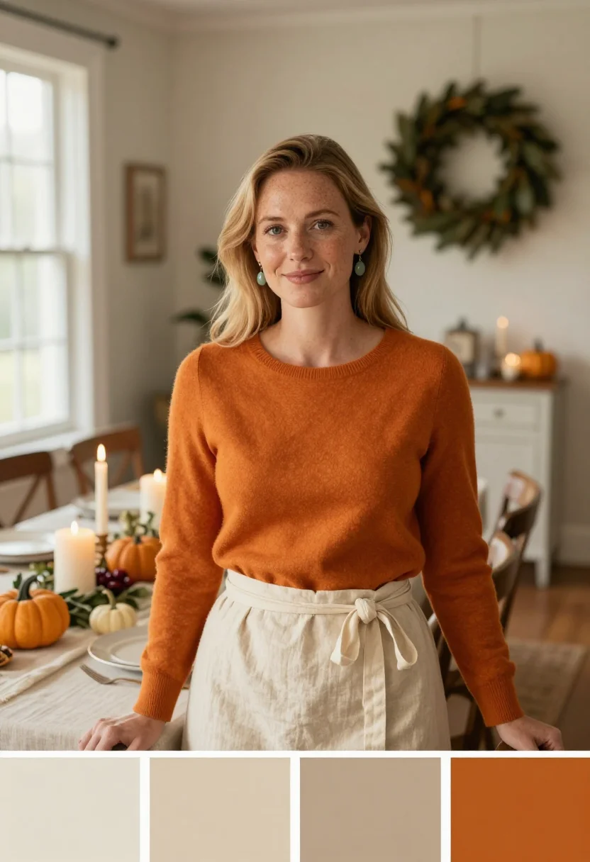 AI thanksgiving table pumpkin sample — portrait of a woman, half-length portrait of an American wom