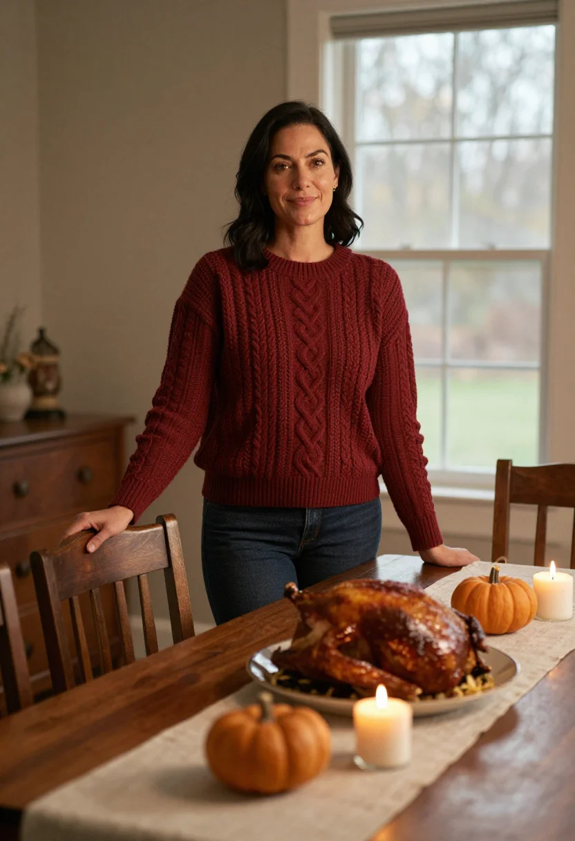 AI thanksgiving table sample — portrait of a woman, standing three-quarter-length portrait