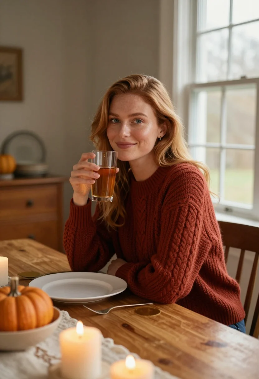 AI thanksgiving table sample — portrait of a woman, chest-up over-the-shoulder portrait of