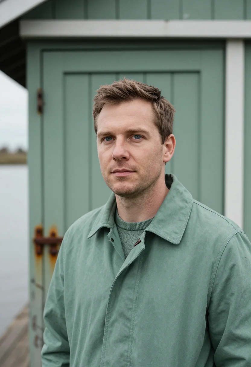 AI thaw river slate green sample — portrait of a man, framed head and shoulders, tighter, the b