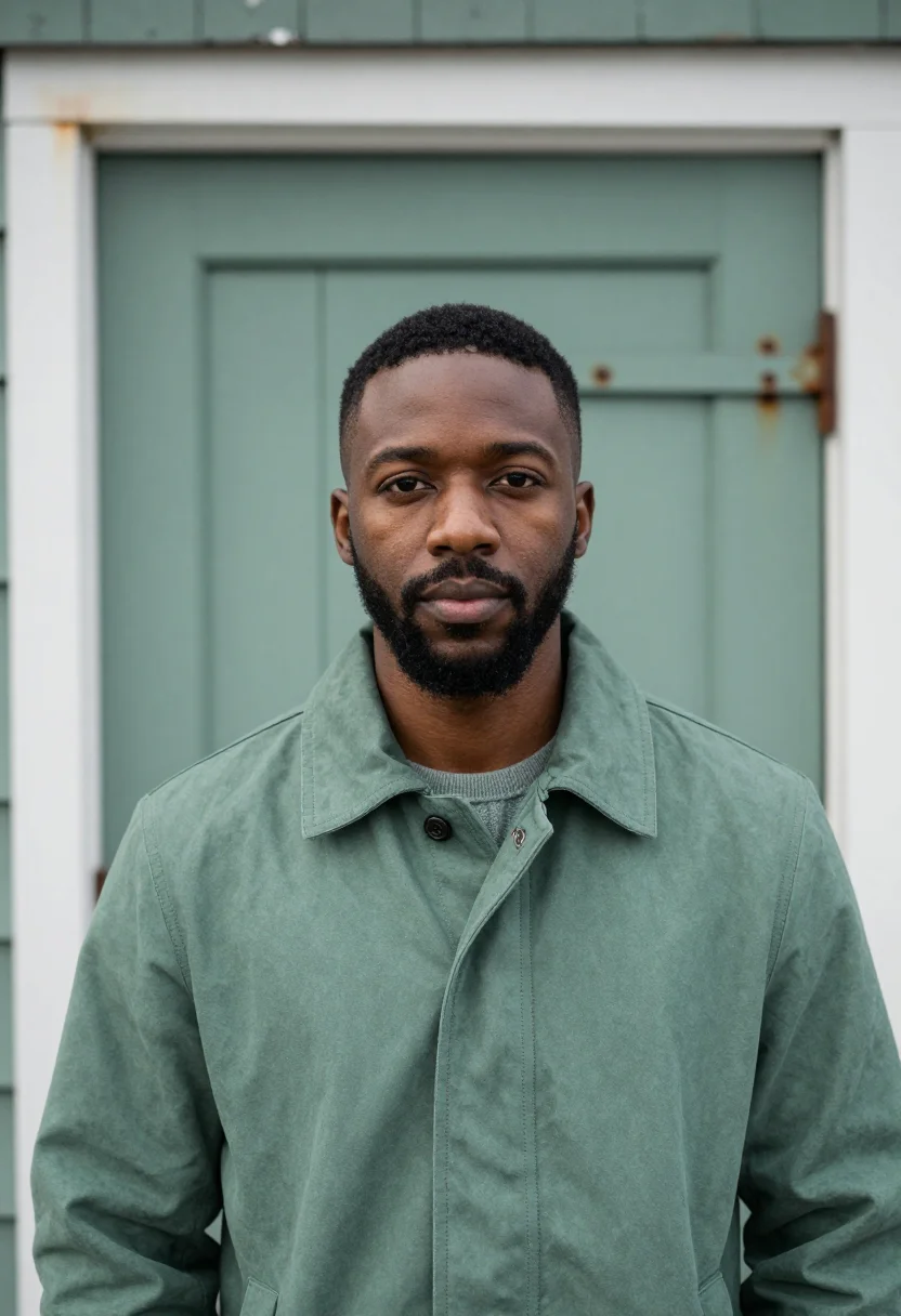 AI thaw river slate green sample — portrait of a man, framed chest-up from the ribs with the bo
