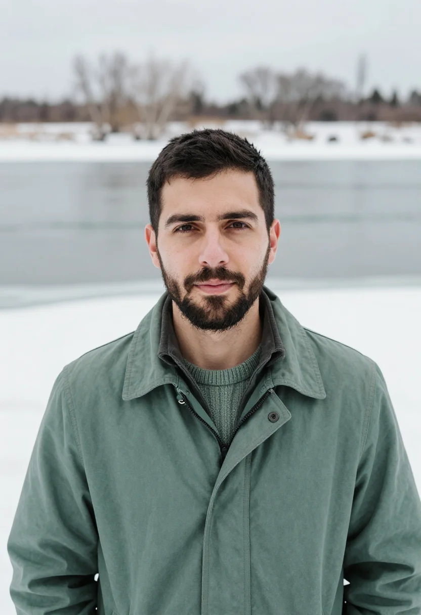 AI thaw river slate green sample — portrait of a man, framed as a tight headshot from the crown