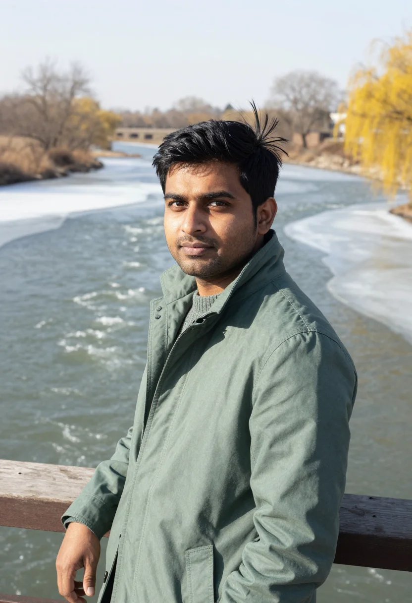 AI thaw river slate green sample — portrait of a man, framed chest-up from the ribs with the bo