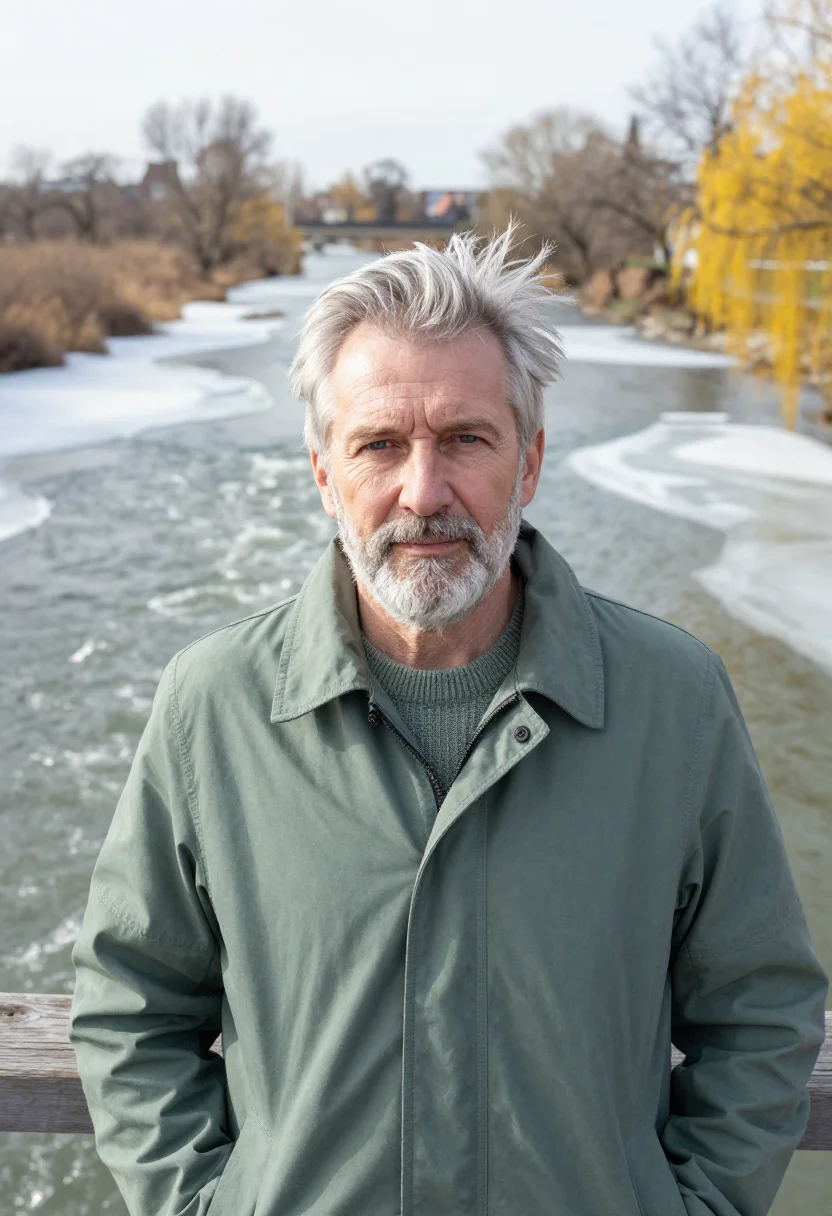 AI thaw river slate green sample — portrait of a man, framed head and shoulders, tighter, the b