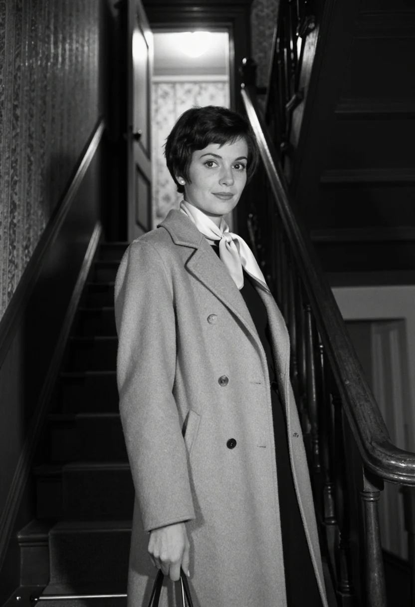 AI the apartment 1960 sample — portrait of a woman, a close low-angle black-and-white photo
