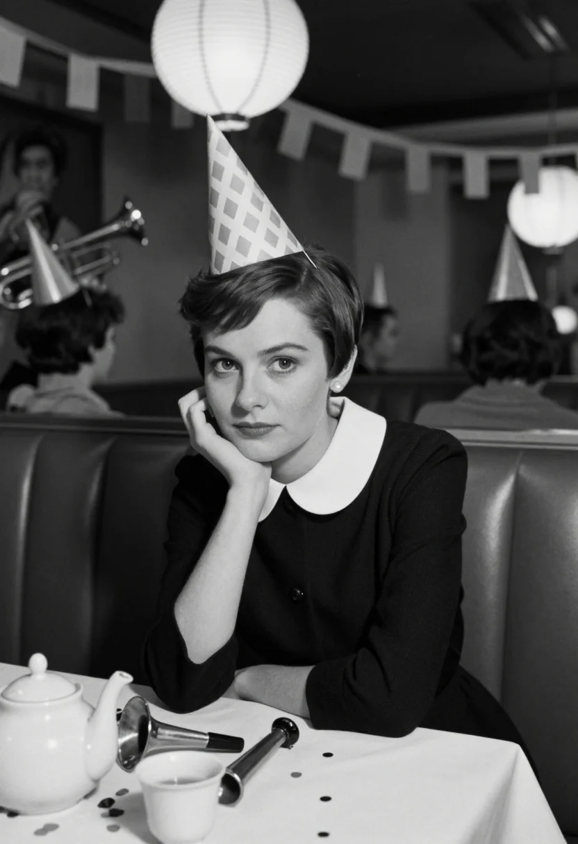 AI the apartment 1960 sample — portrait of a woman, a close half-length black-and-white pho