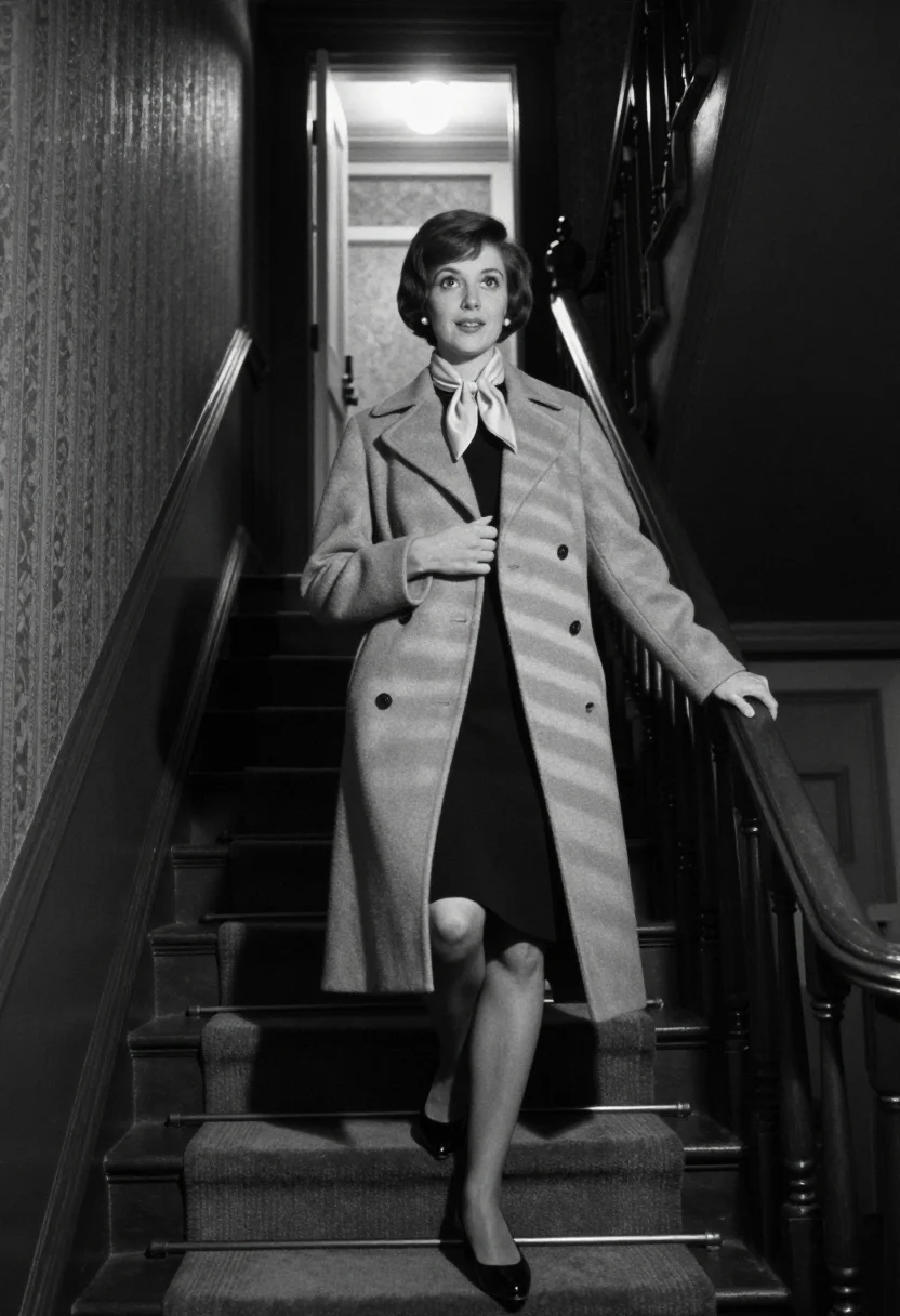 AI the apartment 1960 sample — portrait of a woman, a full-length low-angle black-and-white