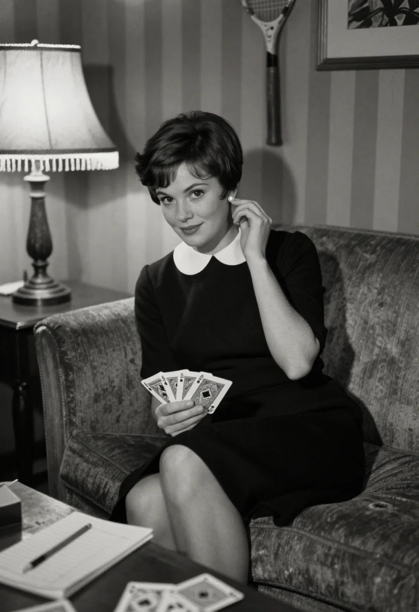 AI the apartment 1960 sample — portrait of a woman, a close three-quarter black-and-white p