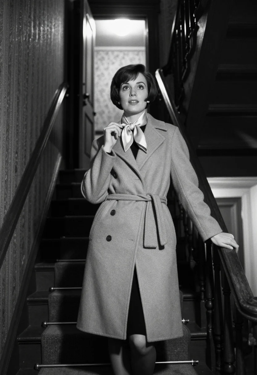 AI the apartment 1960 sample — portrait of a woman, a half-length low-angle black-and-white