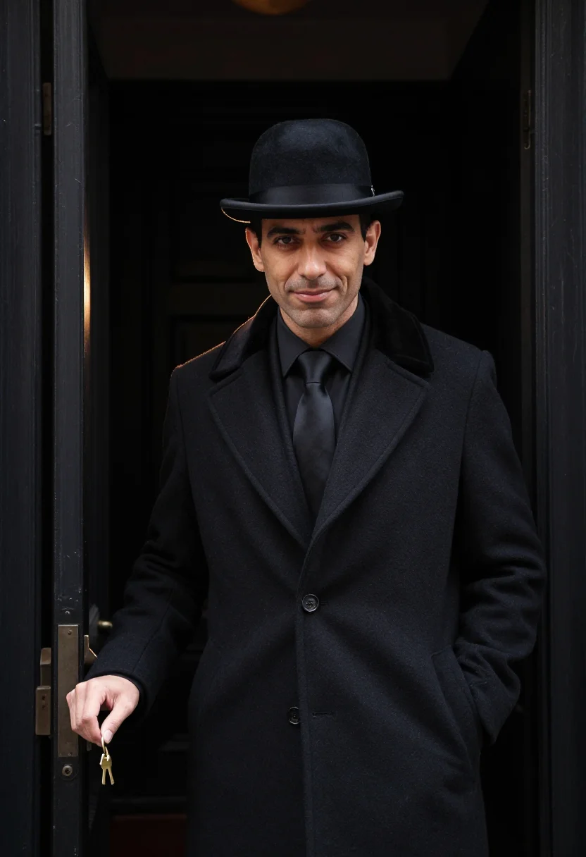 AI the apartment new years eve black sample — portrait of a man, framed half-length from the head to the h