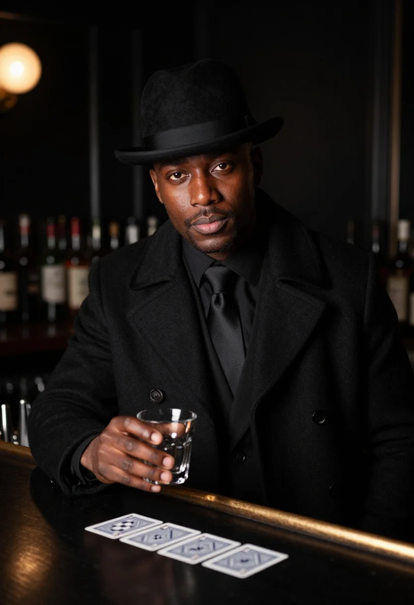 AI the apartment new years eve black sample — portrait of a man, framed chest-up, cropped at the ribs, the