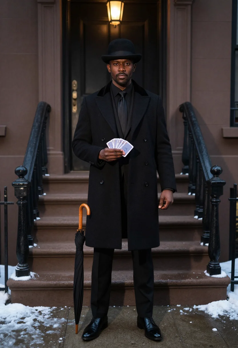 AI the apartment new years eve black sample — portrait of a man, framed full-length from the head to the f