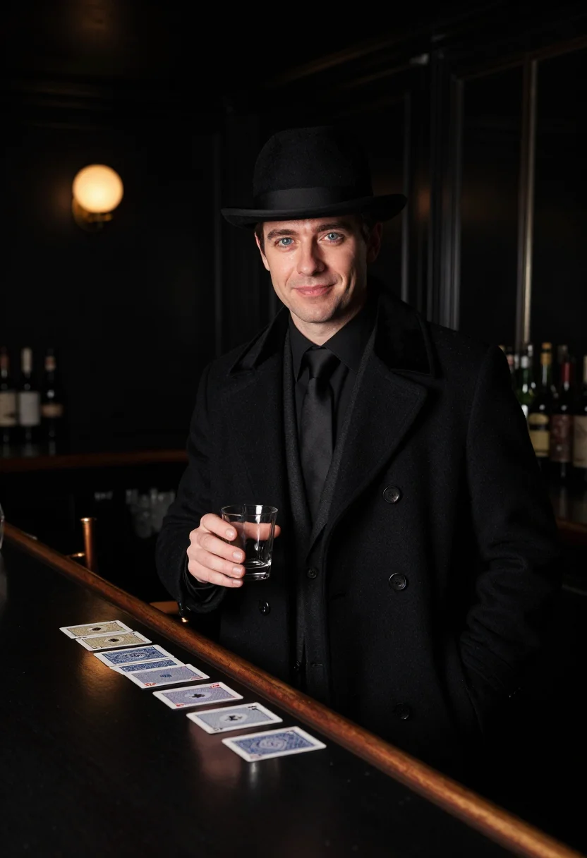 AI the apartment new years eve black sample — portrait of a man, framed half-length from the head to the h
