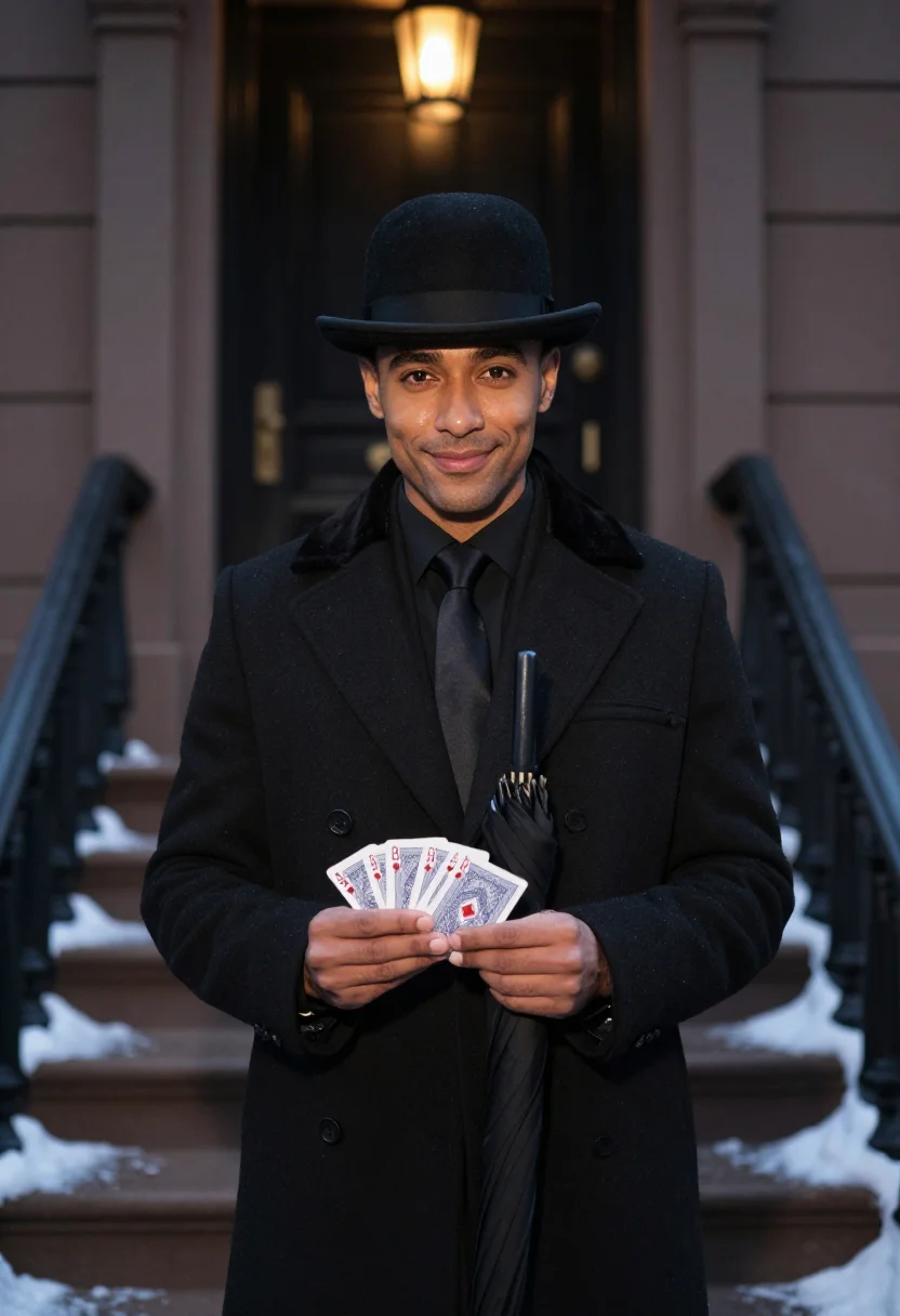 AI the apartment new years eve black sample — portrait of a man, framed chest-up, cropped at the ribs, the