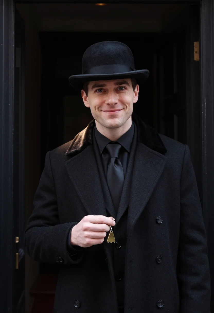 AI the apartment new years eve black sample — portrait of a man, framed chest-up, cropped at the ribs, the