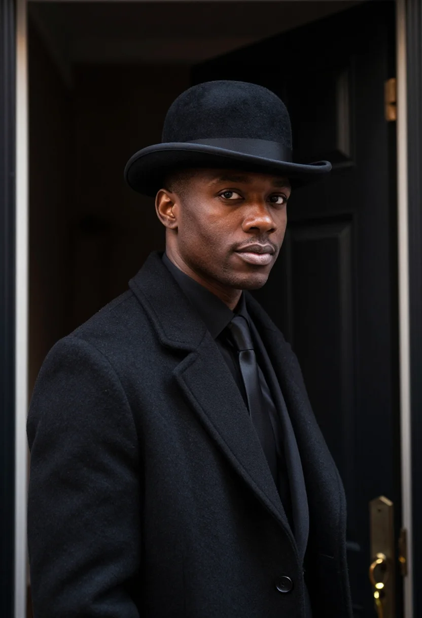 AI the apartment new years eve black sample — portrait of a man, framed tight, head and shoulders, the bod