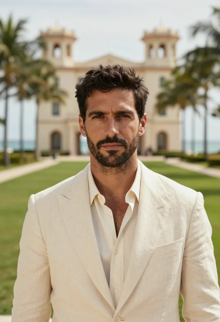 AI the breakers palm beach courtyard fountain sample — portrait of a man, a French man in his early forties with ta