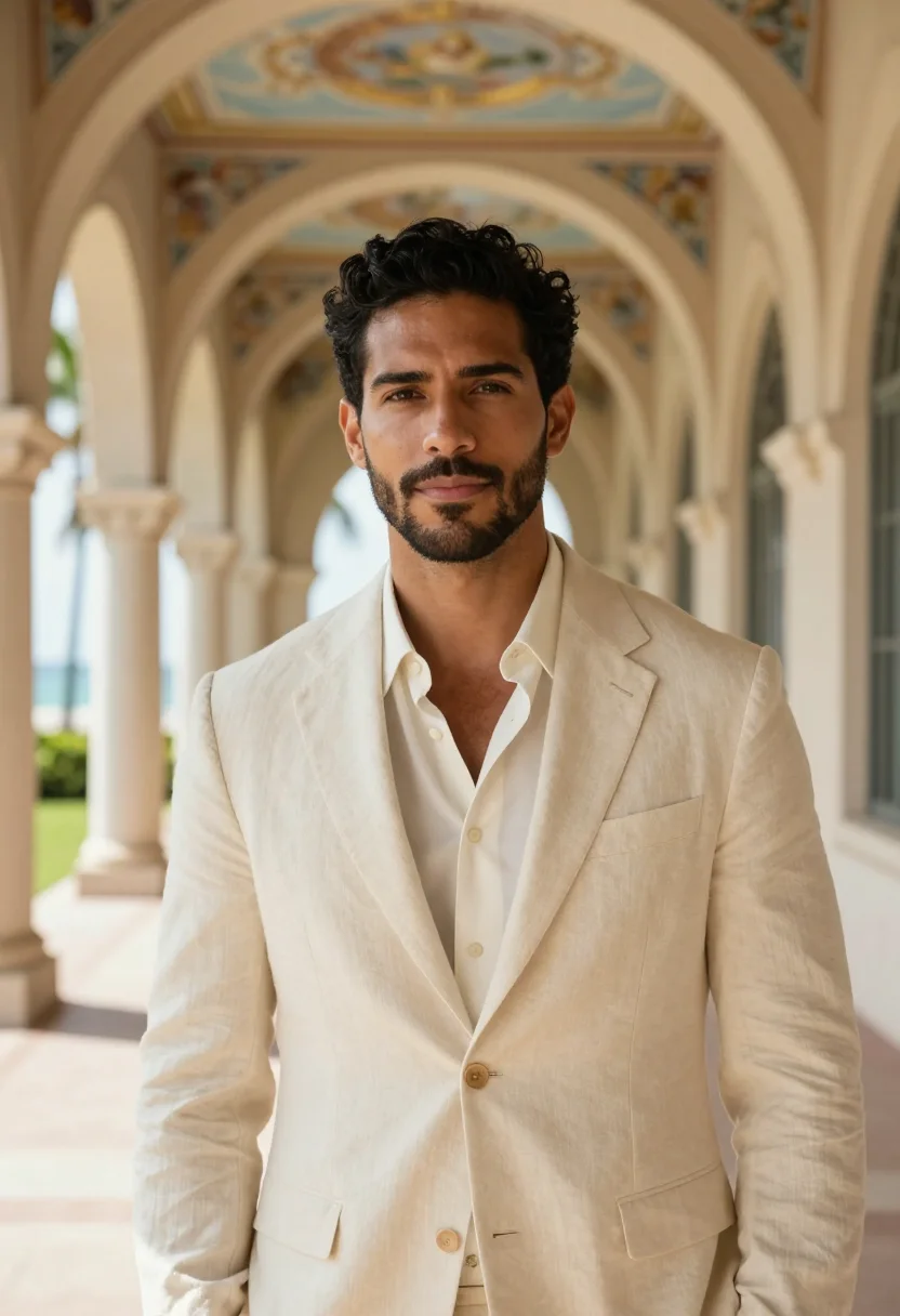 AI the breakers palm beach courtyard fountain sample — portrait of a man, a Cuban-American man in his early thirtie