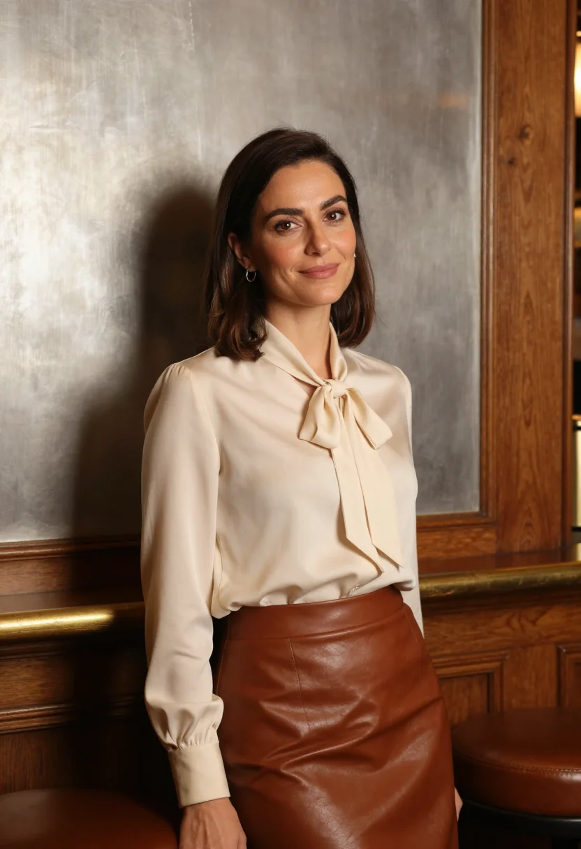 AI the connaught mayfair bar oak cognac sample — portrait of a woman, a French guest in her late thirties wit
