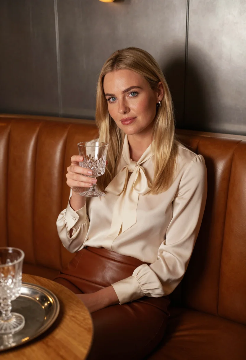 AI the connaught mayfair bar oak cognac sample — portrait of a woman, a Danish guest in her late twenties wit