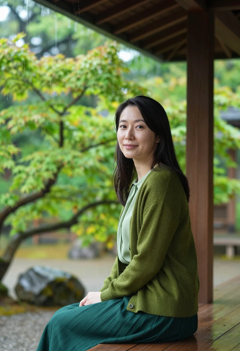 AI the garden of words shinjuku gyoen rain green sample — portrait of a woman, a Japanese woman aged about thirty-two