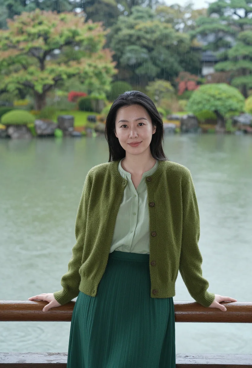 AI the garden of words shinjuku gyoen rain green sample — portrait of a woman, a Korean woman aged about twenty-nine w