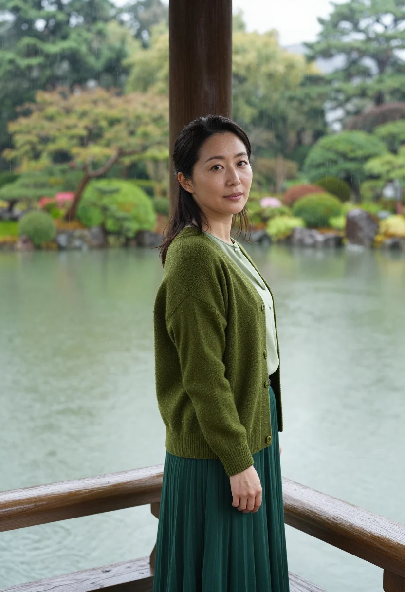 AI the garden of words shinjuku gyoen rain green sample — portrait of a woman, a Japanese woman aged about thirty-five