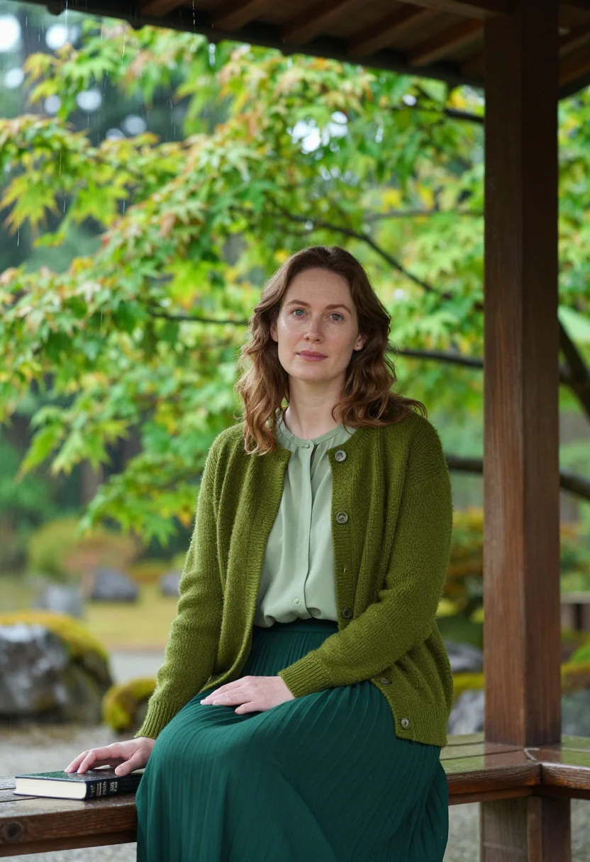 AI the garden of words shinjuku gyoen rain green sample — portrait of a woman, a French woman aged about thirty with p