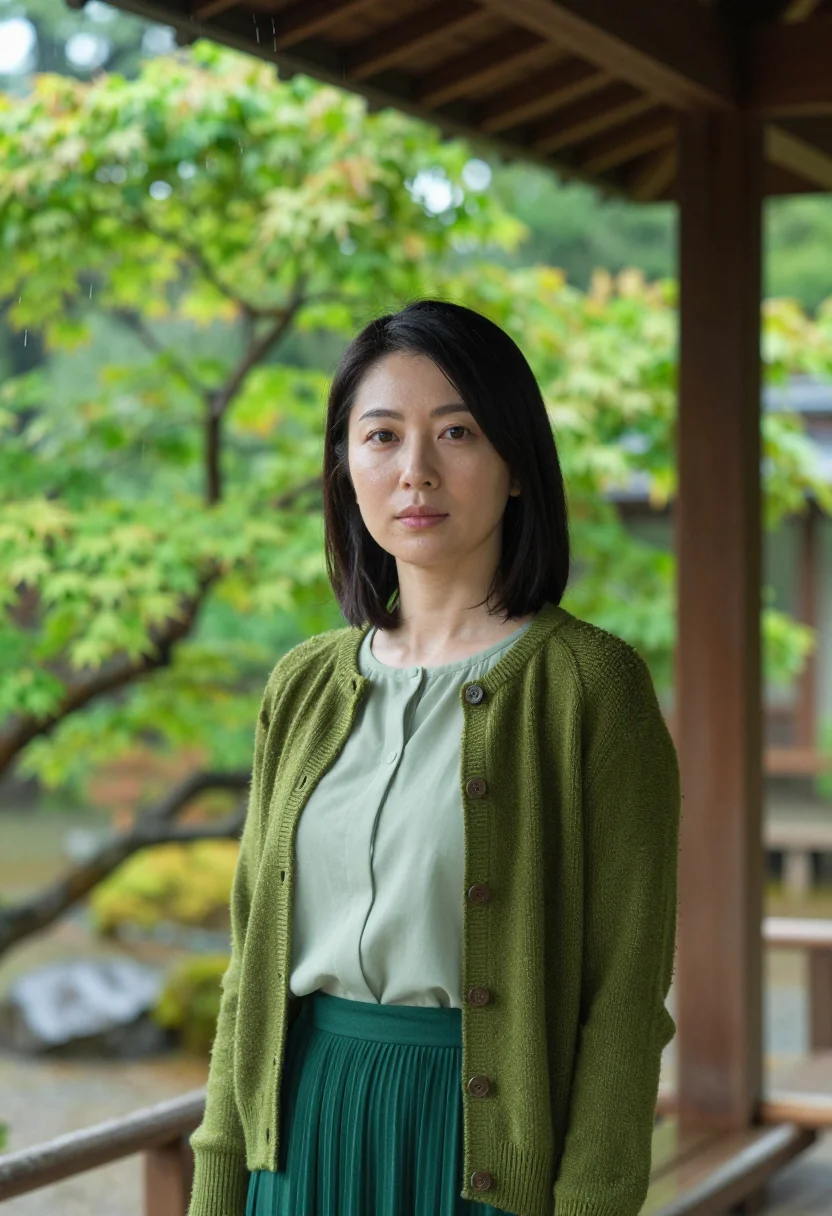 AI the garden of words shinjuku gyoen rain green sample — portrait of a woman, a Japanese woman aged about twenty-seve