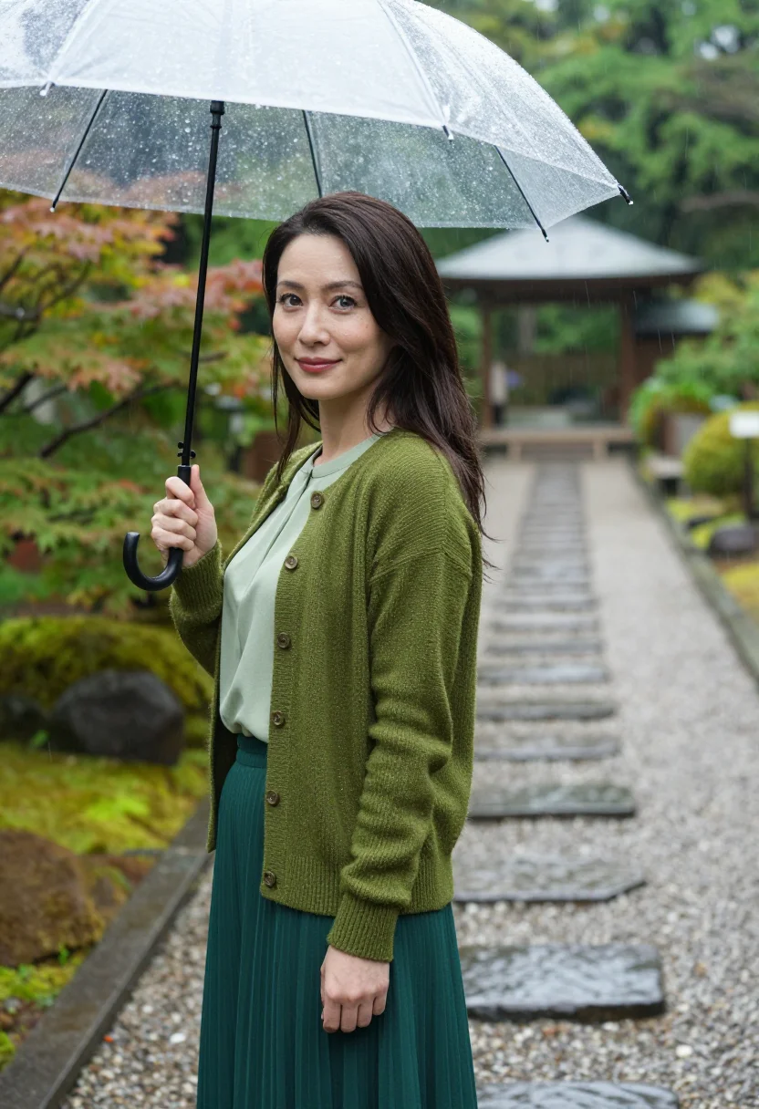 AI the garden of words shinjuku gyoen rain green sample — portrait of a woman, a Japanese-British woman aged about twe