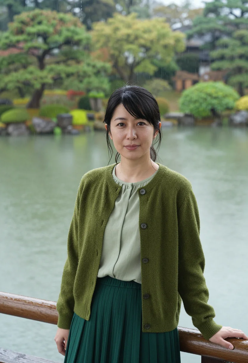 AI the garden of words shinjuku gyoen rain green sample — portrait of a woman, a Japanese woman aged about twenty-four