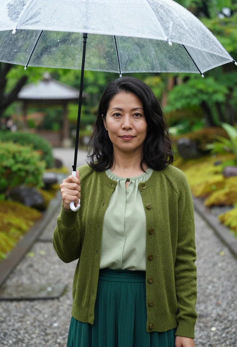 AI the garden of words shinjuku gyoen rain green sample — portrait of a woman, an Okinawan woman aged about thirty wit