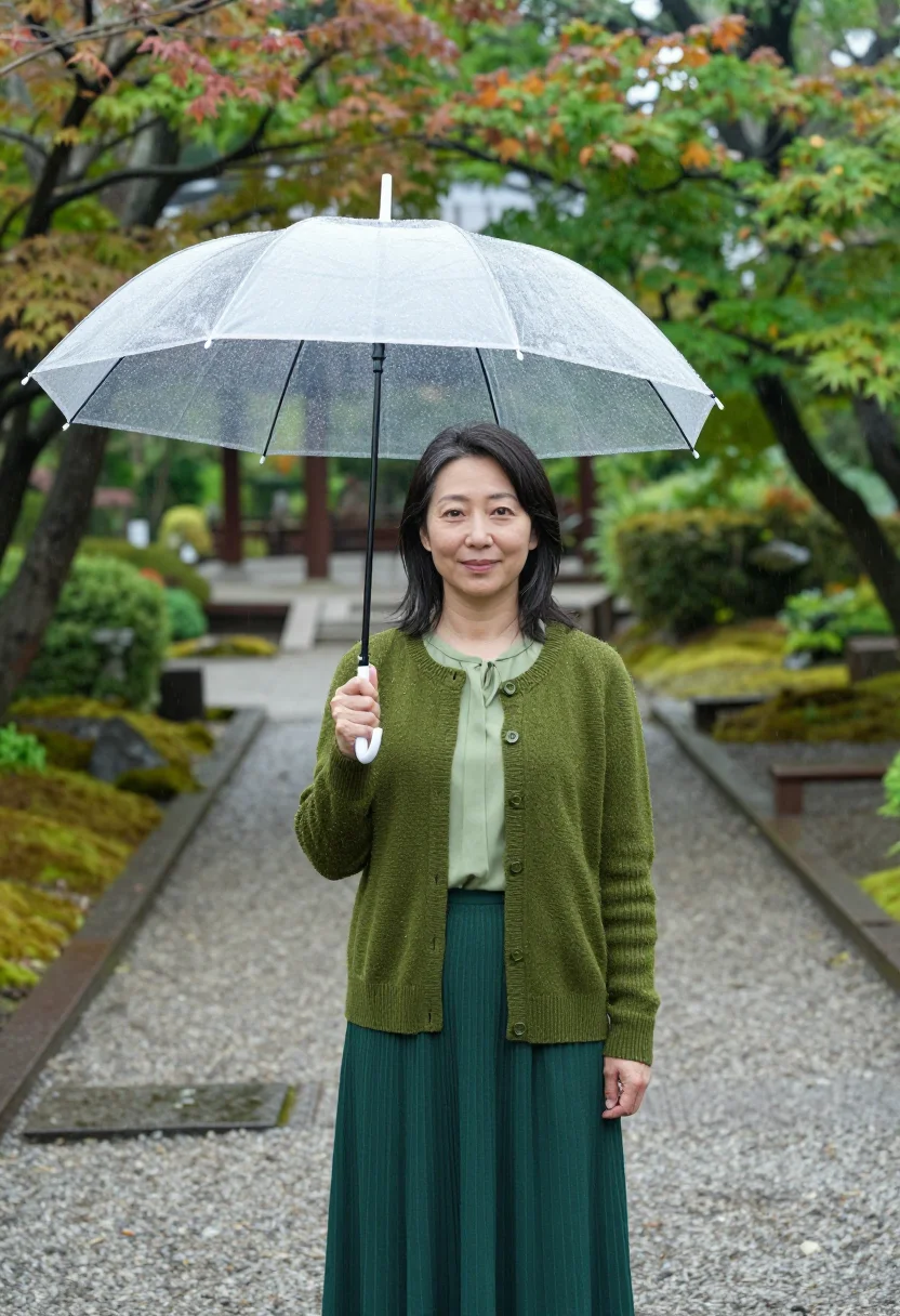 AI the garden of words shinjuku gyoen rain green sample — portrait of a woman, a Japanese woman aged about forty with
