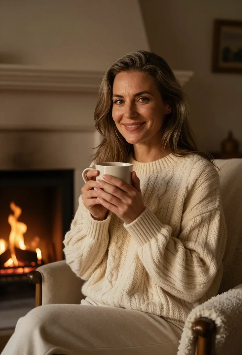 AI the holiday rosehill cottage cream sample — portrait of a woman, framed chest-up, the crop at the ribs,