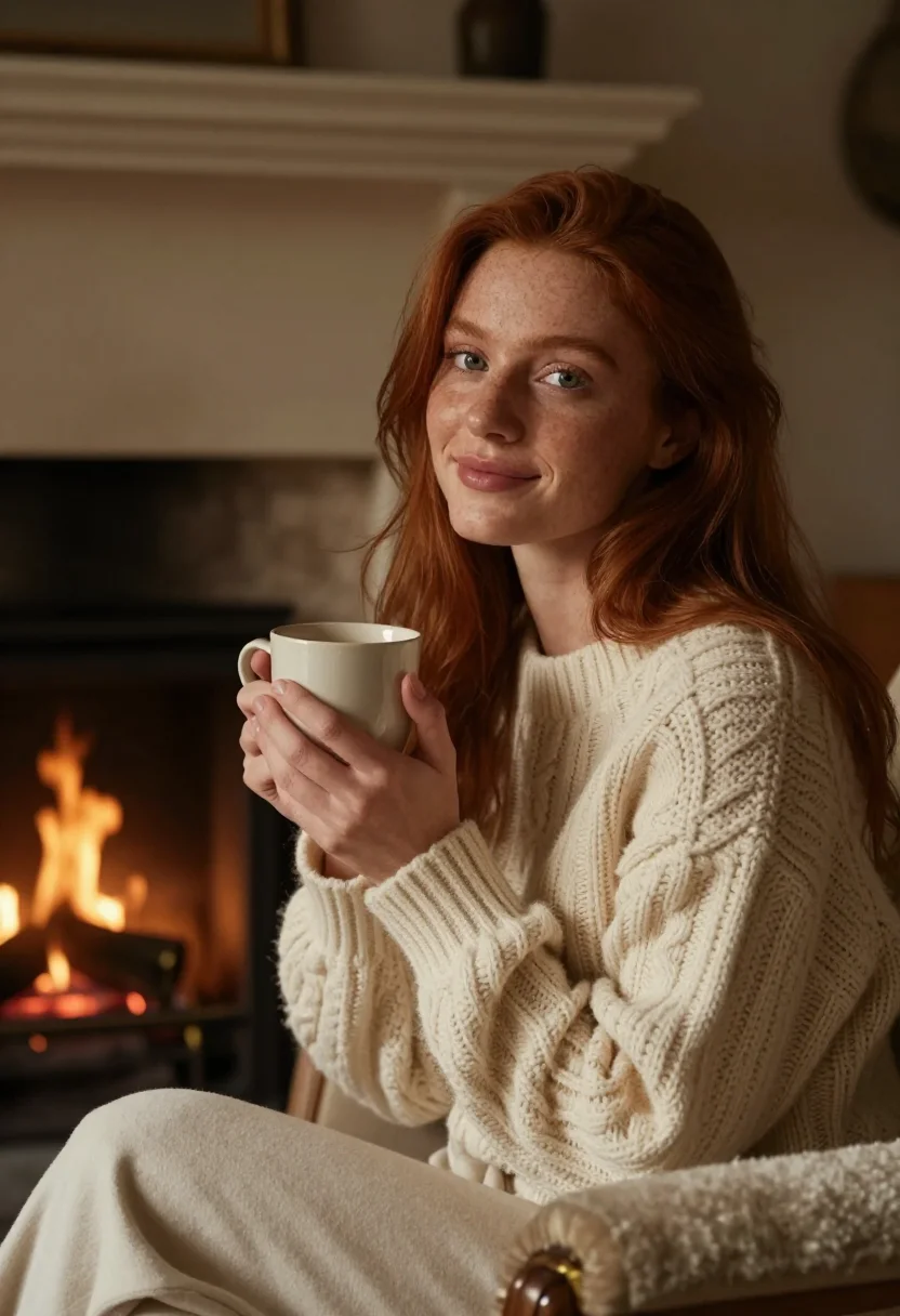 AI the holiday rosehill cottage cream sample — portrait of a woman, framed tight, head and shoulders, the b