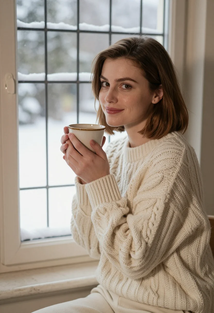 AI the holiday rosehill cottage cream sample — portrait of a woman, framed tight, head and shoulders, the b