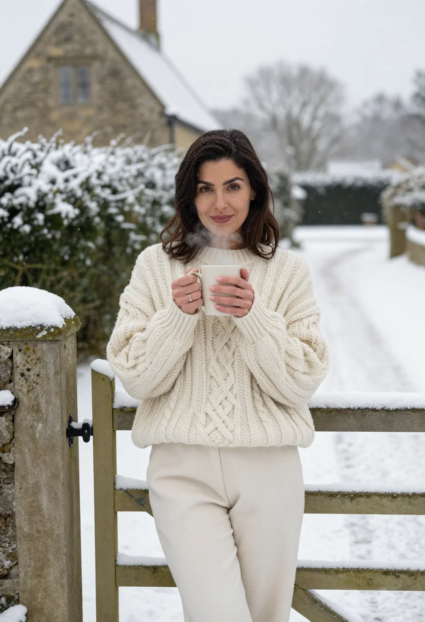 AI the holiday rosehill cottage cream sample — portrait of a woman, framed three-quarter length from the kn