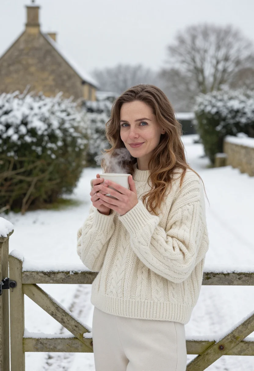 AI the holiday rosehill cottage cream sample — portrait of a woman, framed tight, head and shoulders, the b