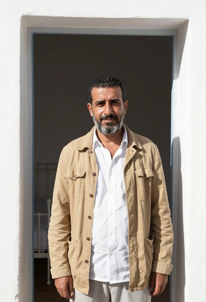 AI the passenger barcelona almeria white shirt sample — portrait of a man, a reporter in his forties of Lebanese des