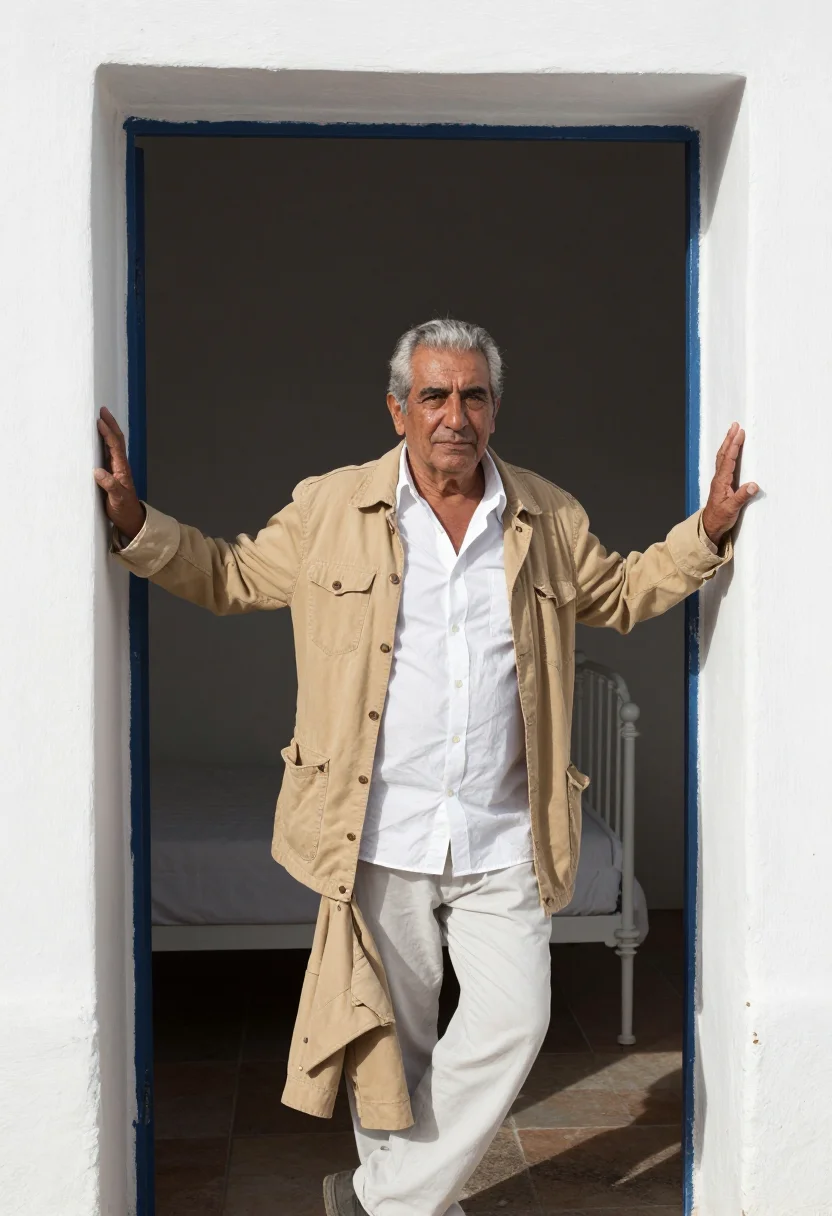 AI the passenger barcelona almeria white shirt sample — portrait of a man, a reporter in his late fifties of Portugu
