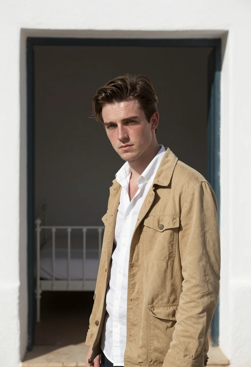 AI the passenger barcelona almeria white shirt sample — portrait of a man, a reporter in his early thirties of Irish