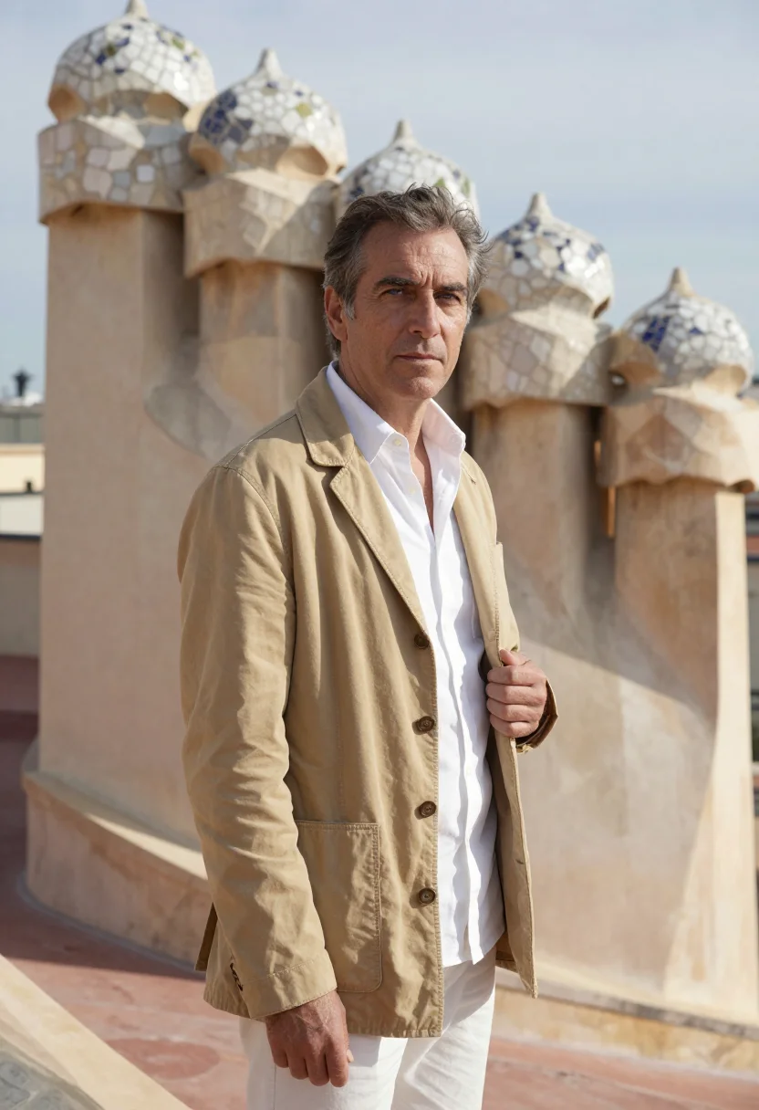 AI the passenger barcelona almeria white shirt sample — portrait of a man, a reporter in his early fifties of French