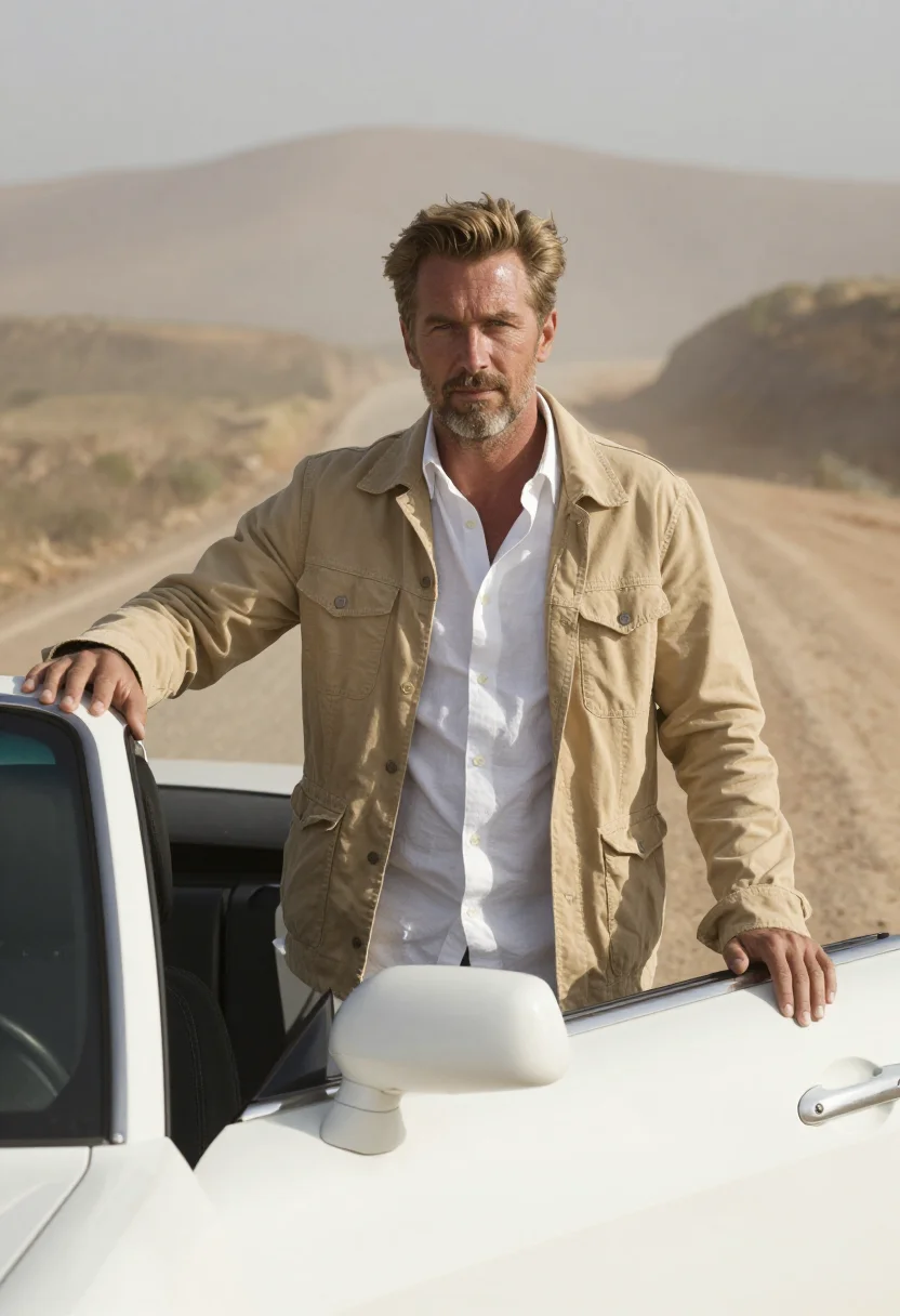 AI the passenger barcelona almeria white shirt sample — portrait of a man, a reporter in his late forties of German