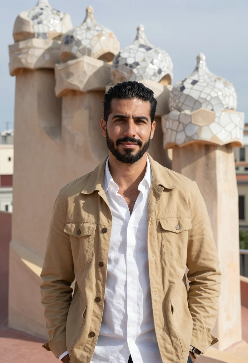 AI the passenger barcelona almeria white shirt sample — portrait of a man, a reporter in his mid-forties of Spanish