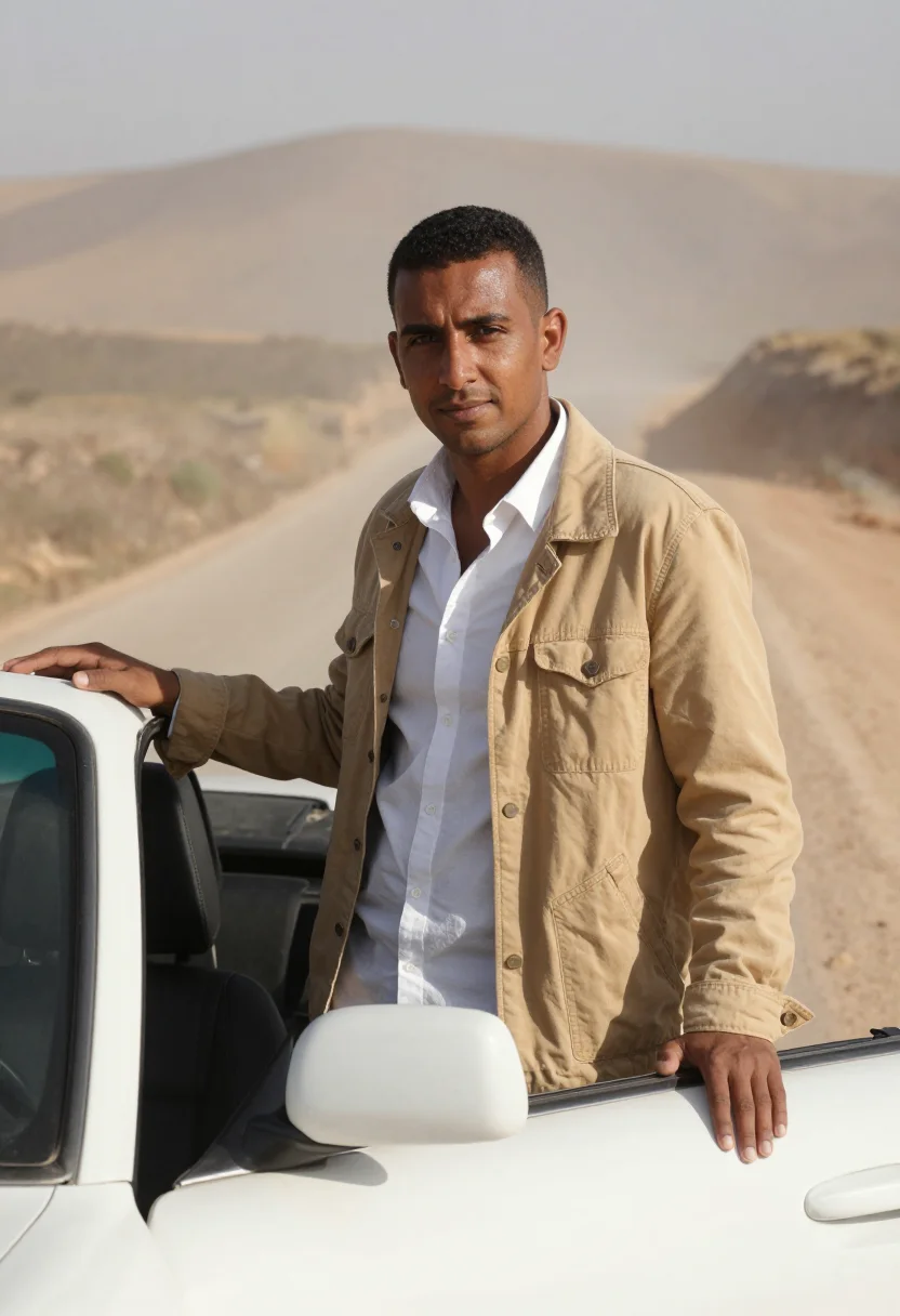 AI the passenger barcelona almeria white shirt sample — portrait of a man, a reporter in his thirties of Moroccan de